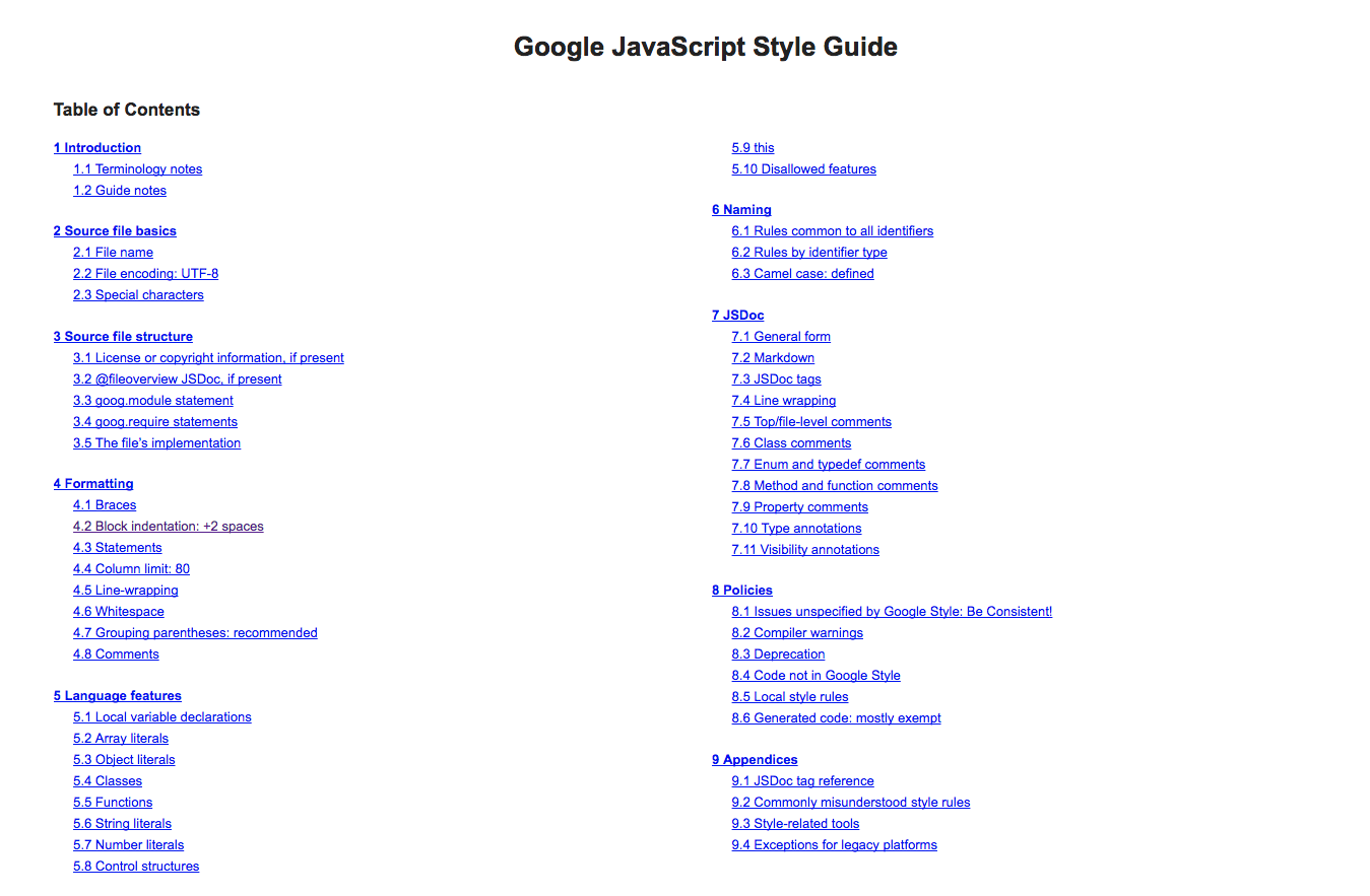 A screenshot of the many categories in the Google Javascript Style guide