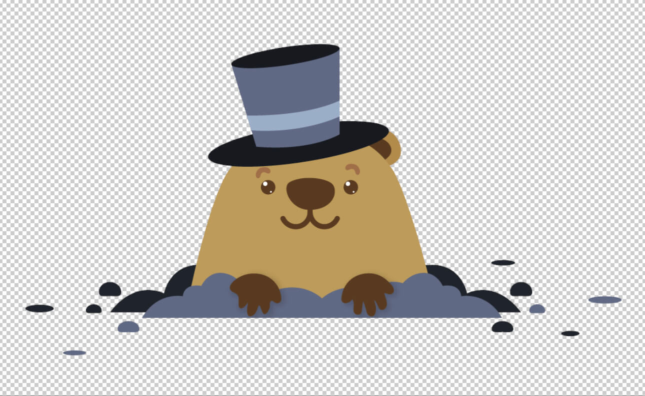 An cartoonish illustration of a groundhog. Behind it is a black and white grid representing transparency.