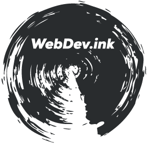 A logo - it says WebDev.Ink within a circle that is a digital version of circle made by an ink brush.
