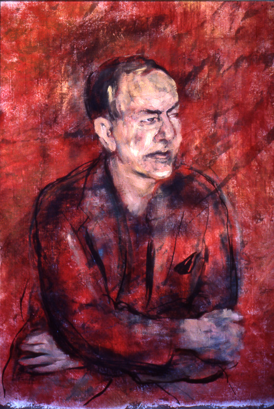 A painting of Herbert Simon. It depicts a middle-aged or older white man with his arms crossed, leaning on a table, wearing a red shirt against a red background.