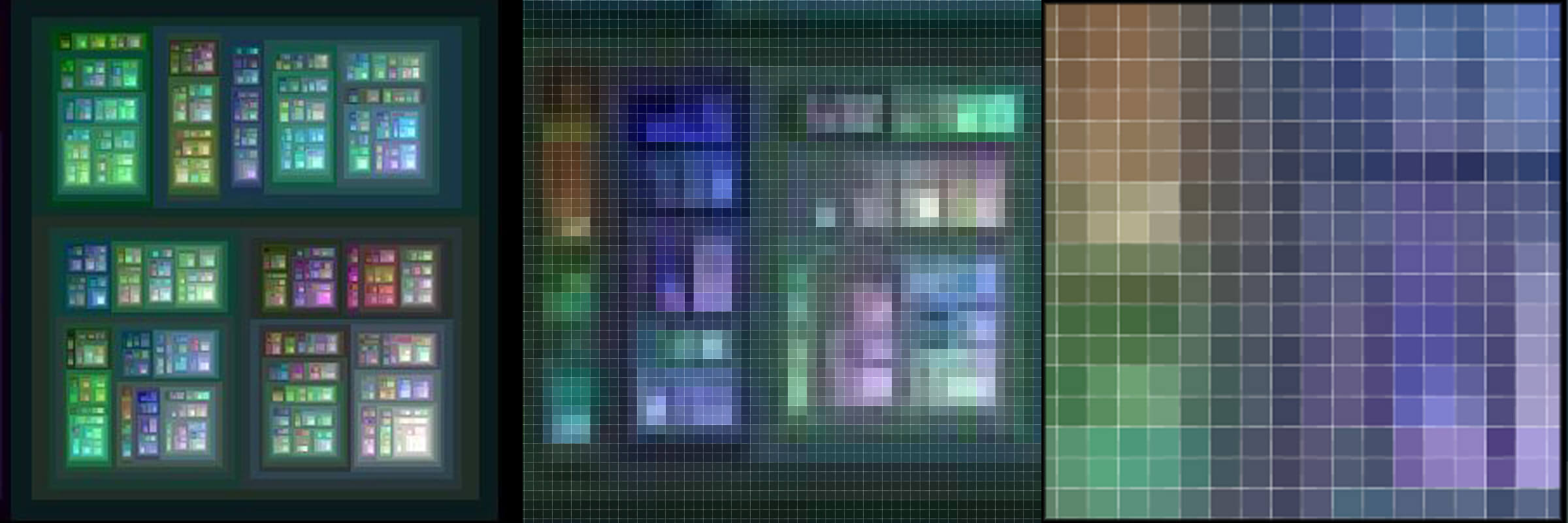 A pattern of glowing squares generated with a visual programming language called Processing.