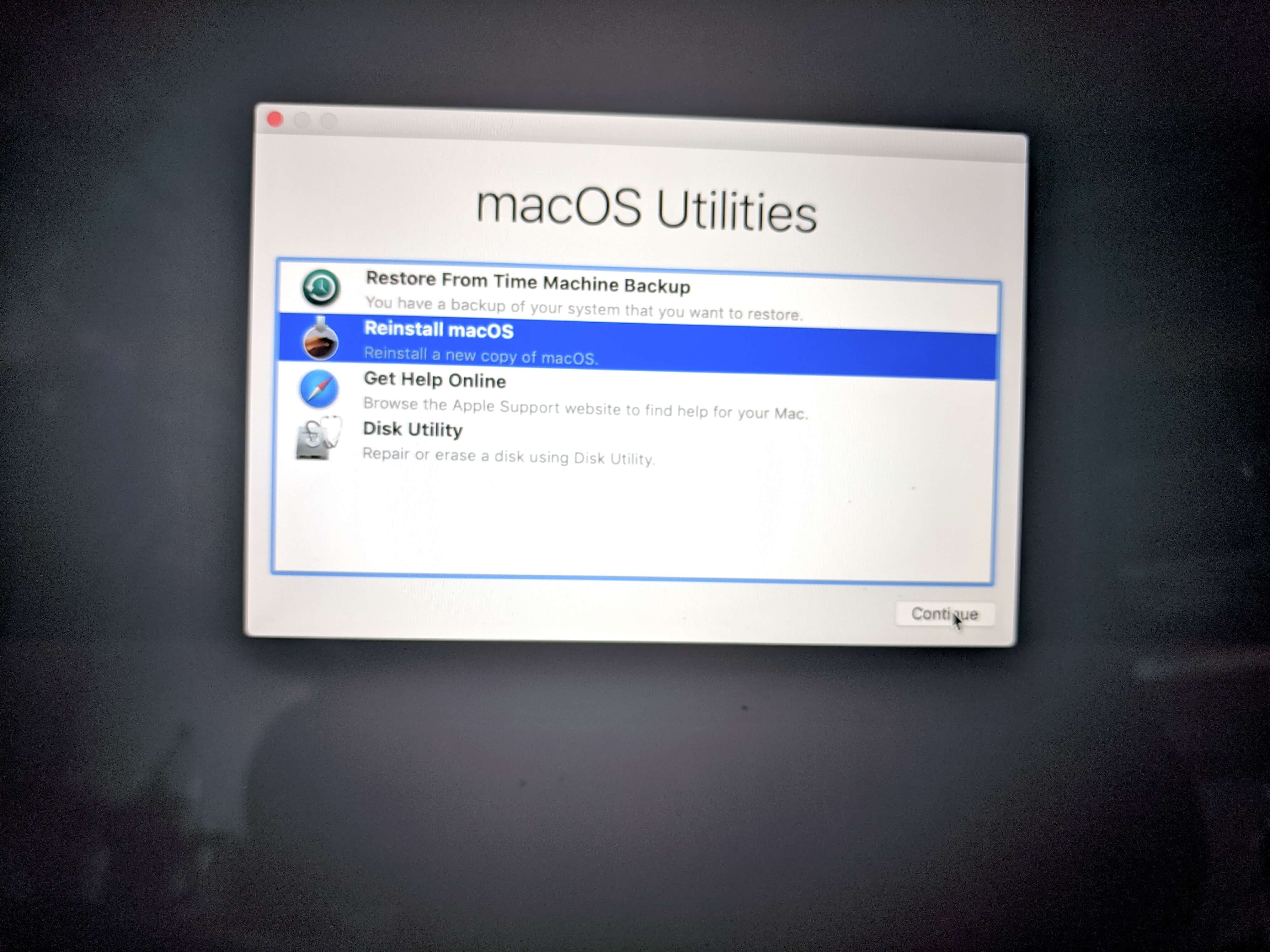 Exit Disk Utility, select 'Reinstall macOS on the System Restore main screen
