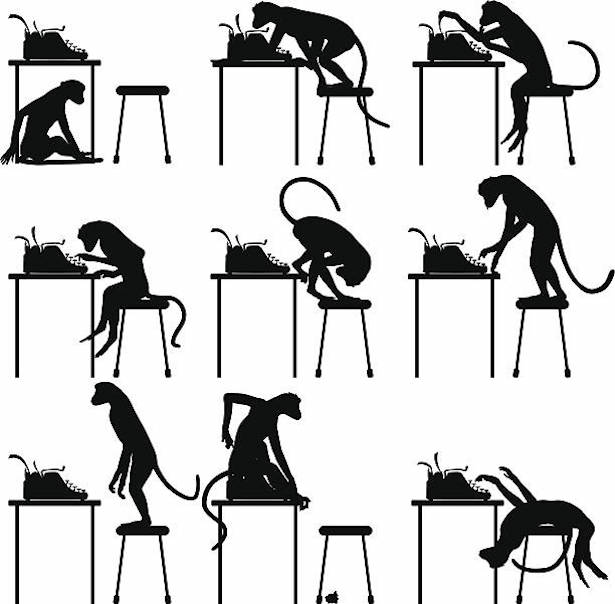 An image with a white background against which 9 illustrated silhouettes of monkeys on stools in front of tables with typewriters on them.
